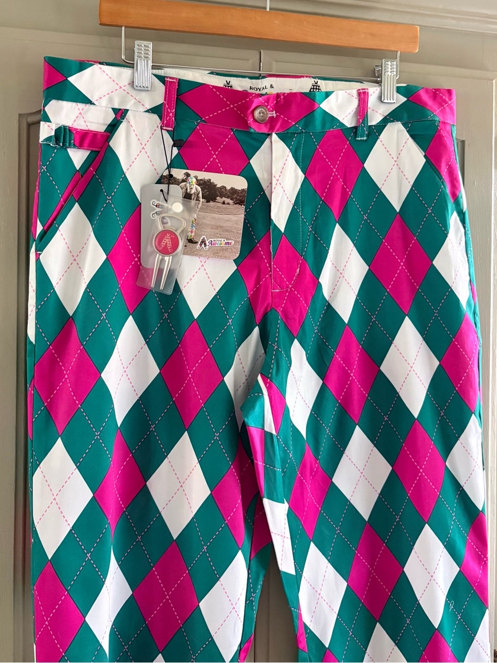 ROYAL & AWESOME Golf Pants | Par-Gyle | Masters Green & Hot Pink | Size 36/34